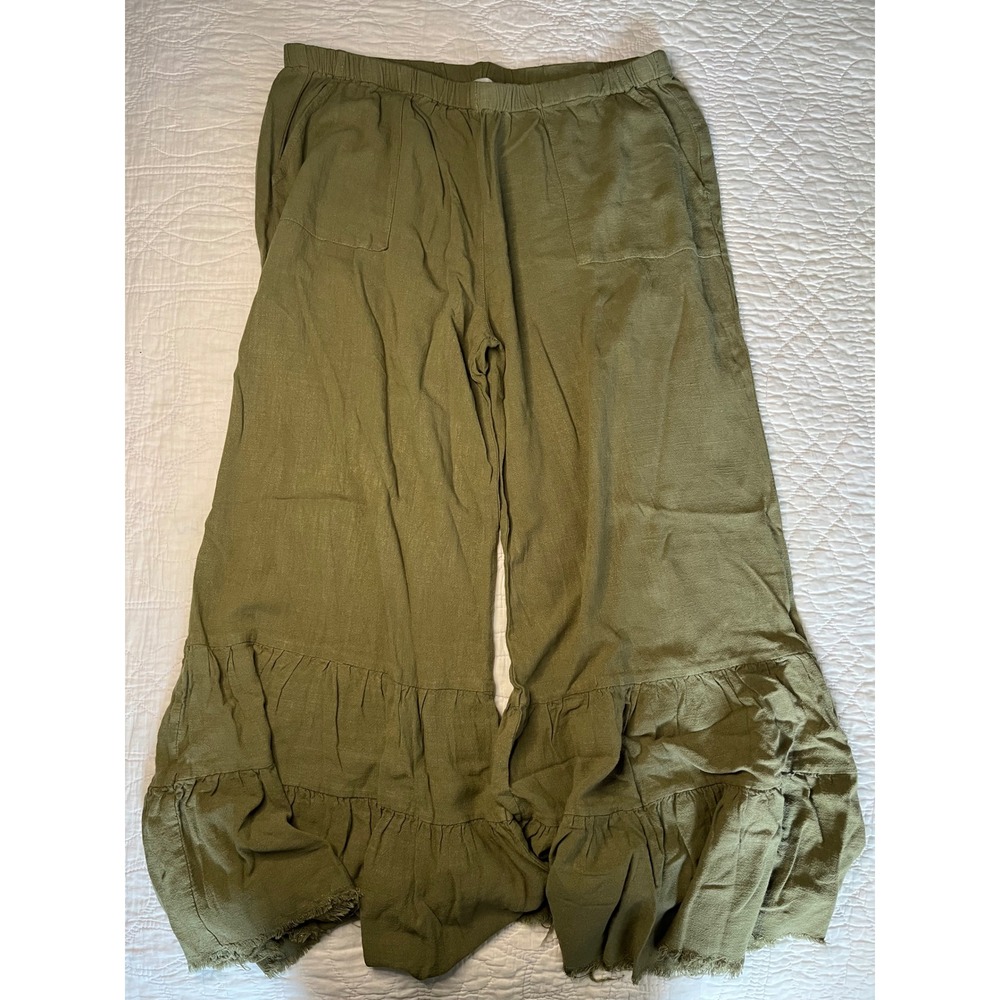 Umgee USA Olive Green Wide Leg Ruffle Hem Pants Womens 1XL Boho Fringe Tiered